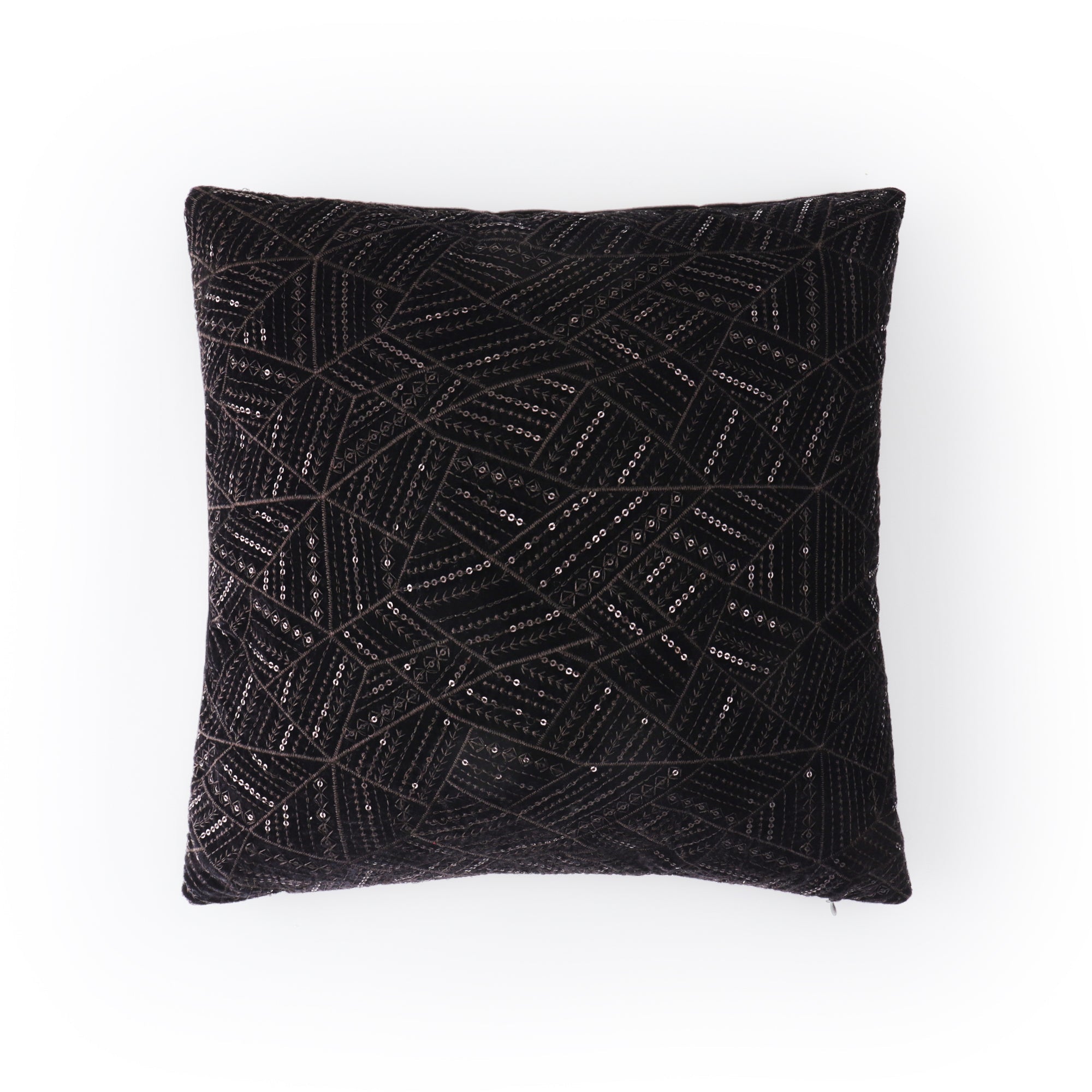 Black festive velvet cushion cover with elegant embroidery and sequined accents