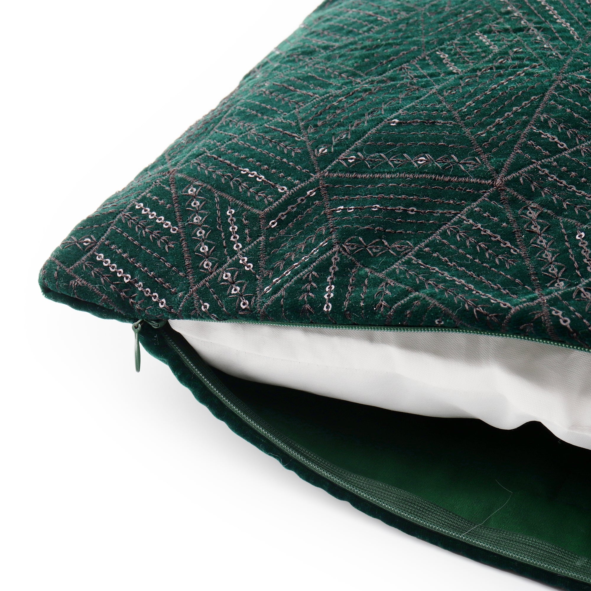 Bottle green festive sequined velvet cushion cover for elegant home decor styling