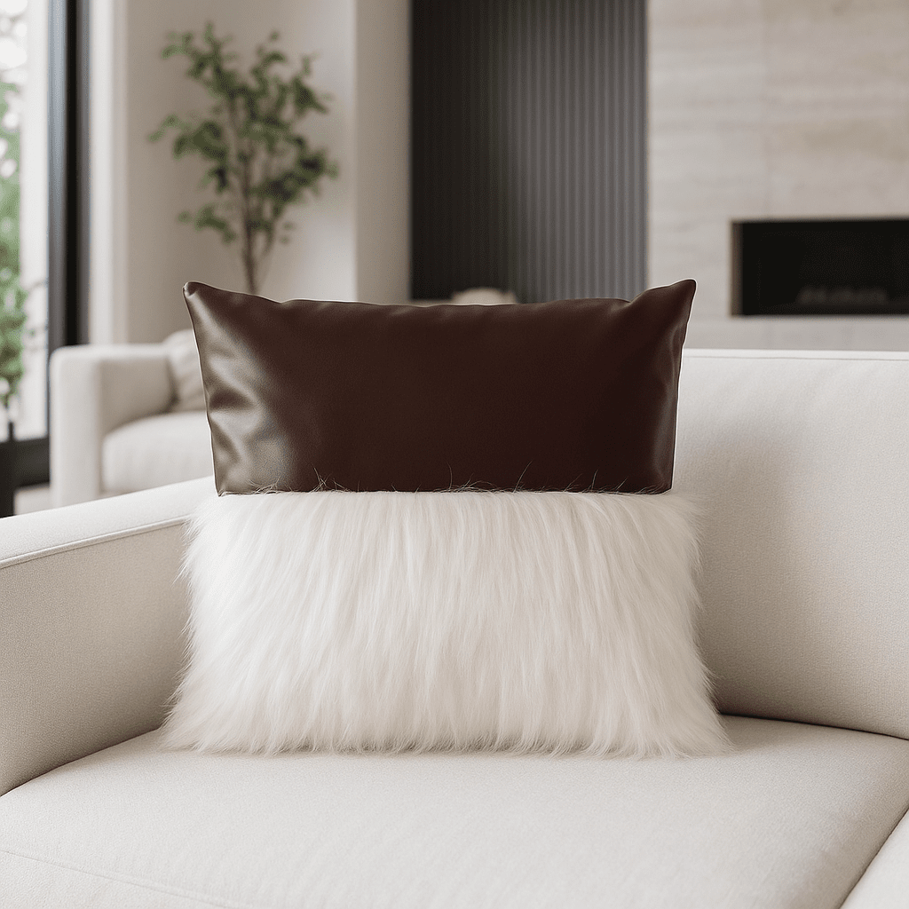 Elegant brown textured cushion cover with plush fur and boucle detailing
