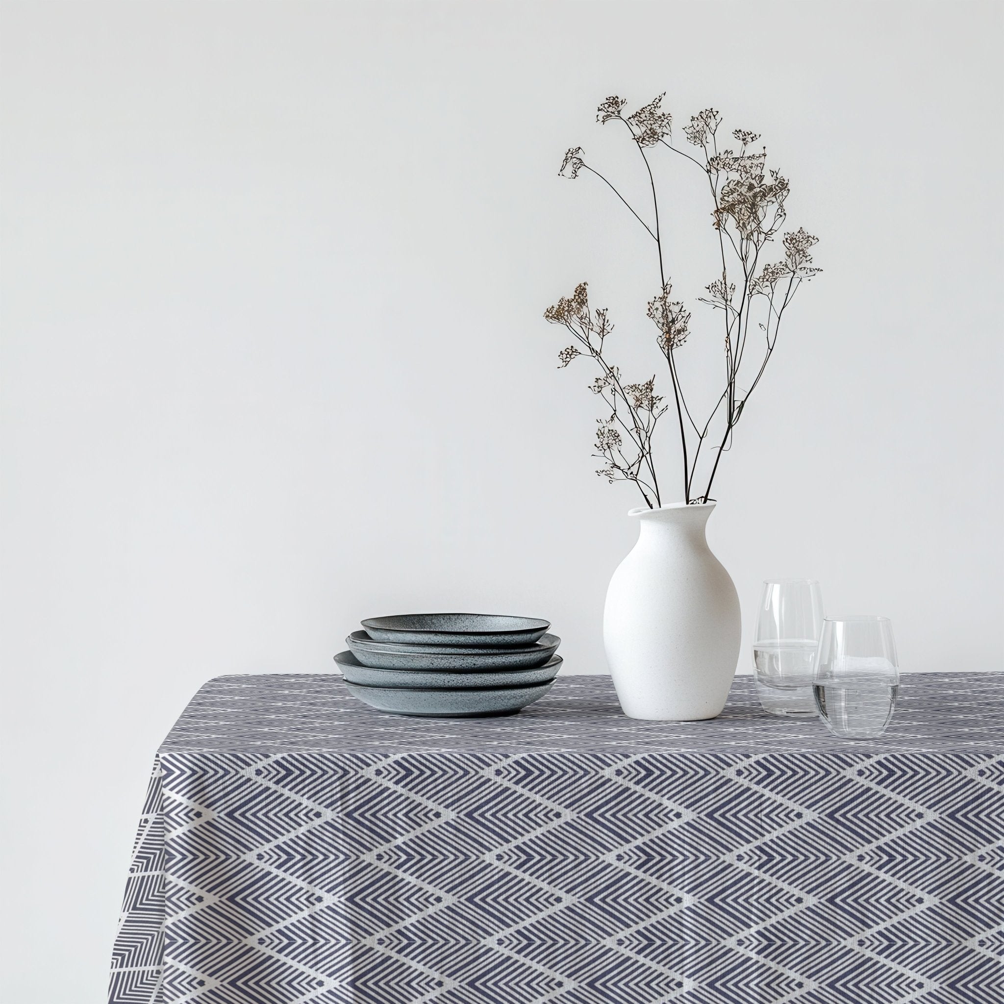 Modern geometric dining tablecloth styled for elegant dining room decor