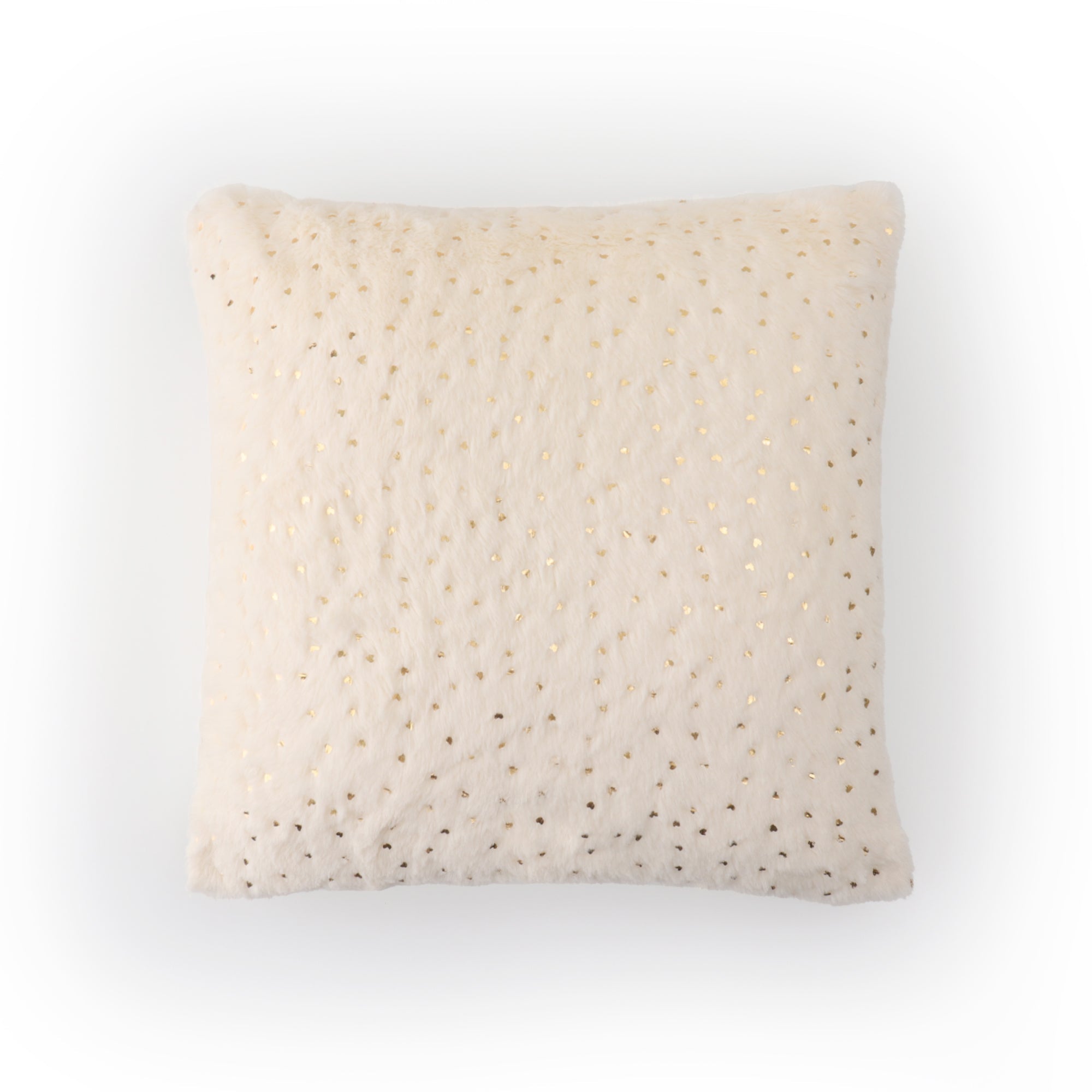 Ivory faux fur cushion cover with elegant gold heart accents
