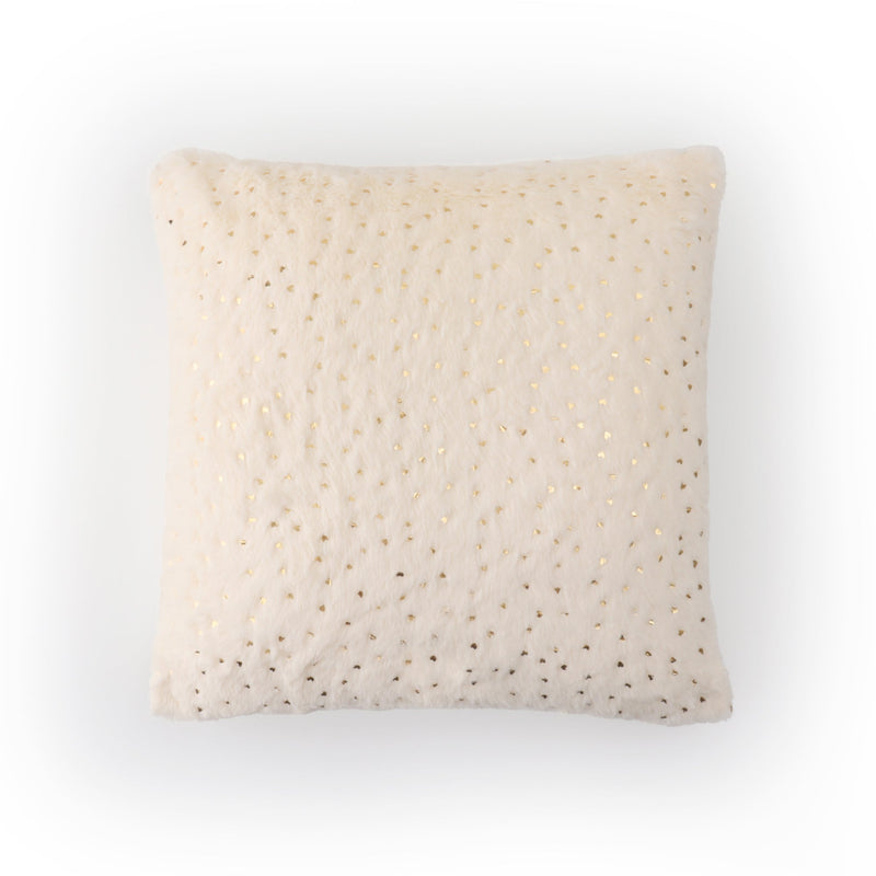 Ivory faux fur cushion cover with elegant gold heart accents