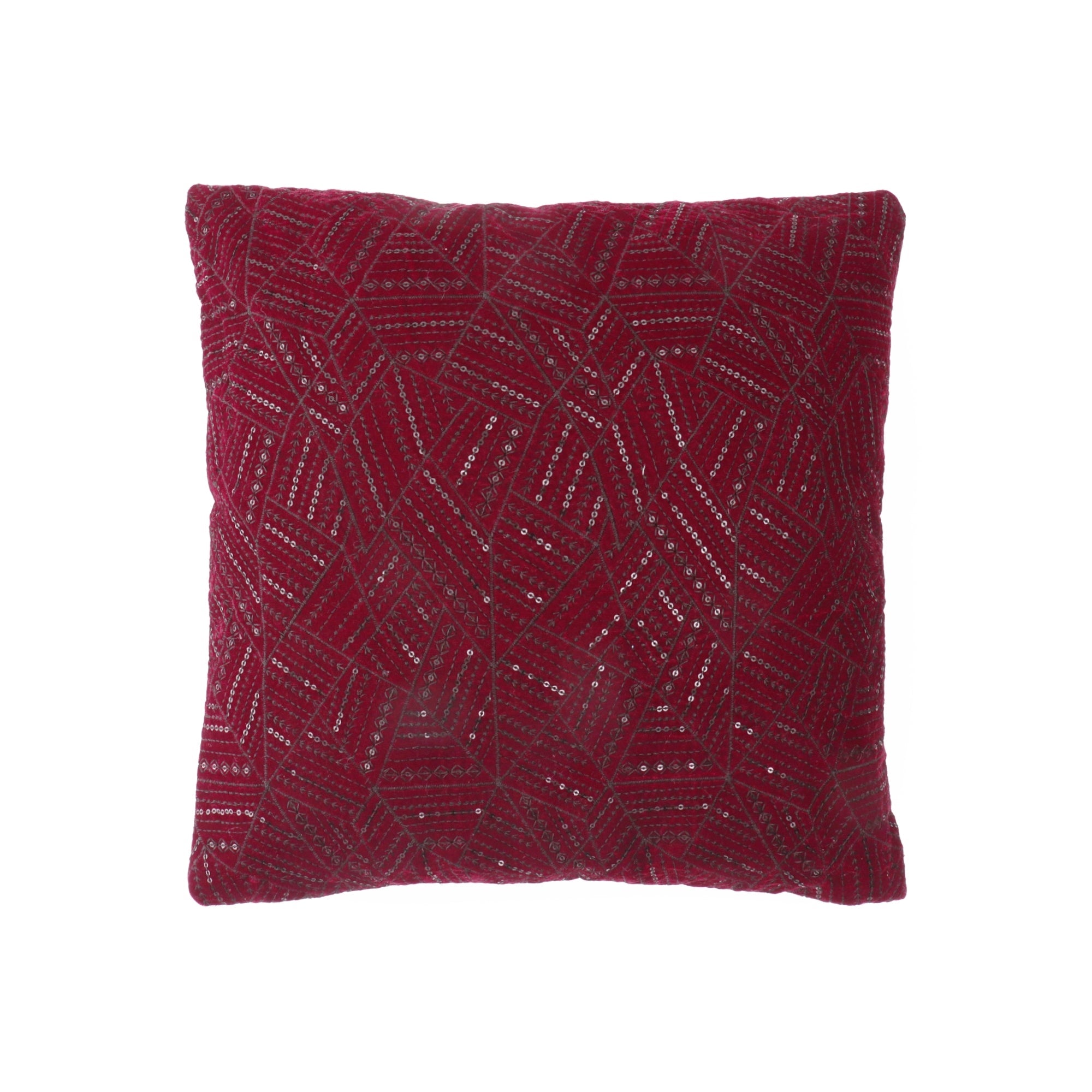 Maroon festive velvet cushion cover with elegant embroidery and sequined detailing