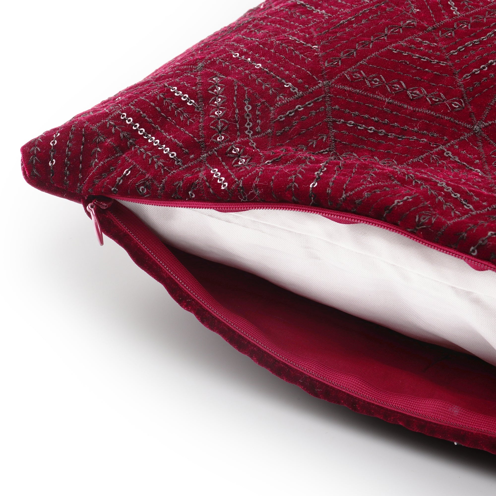 Maroon festive sequined velvet cushion cover for elegant sofa and bed styling