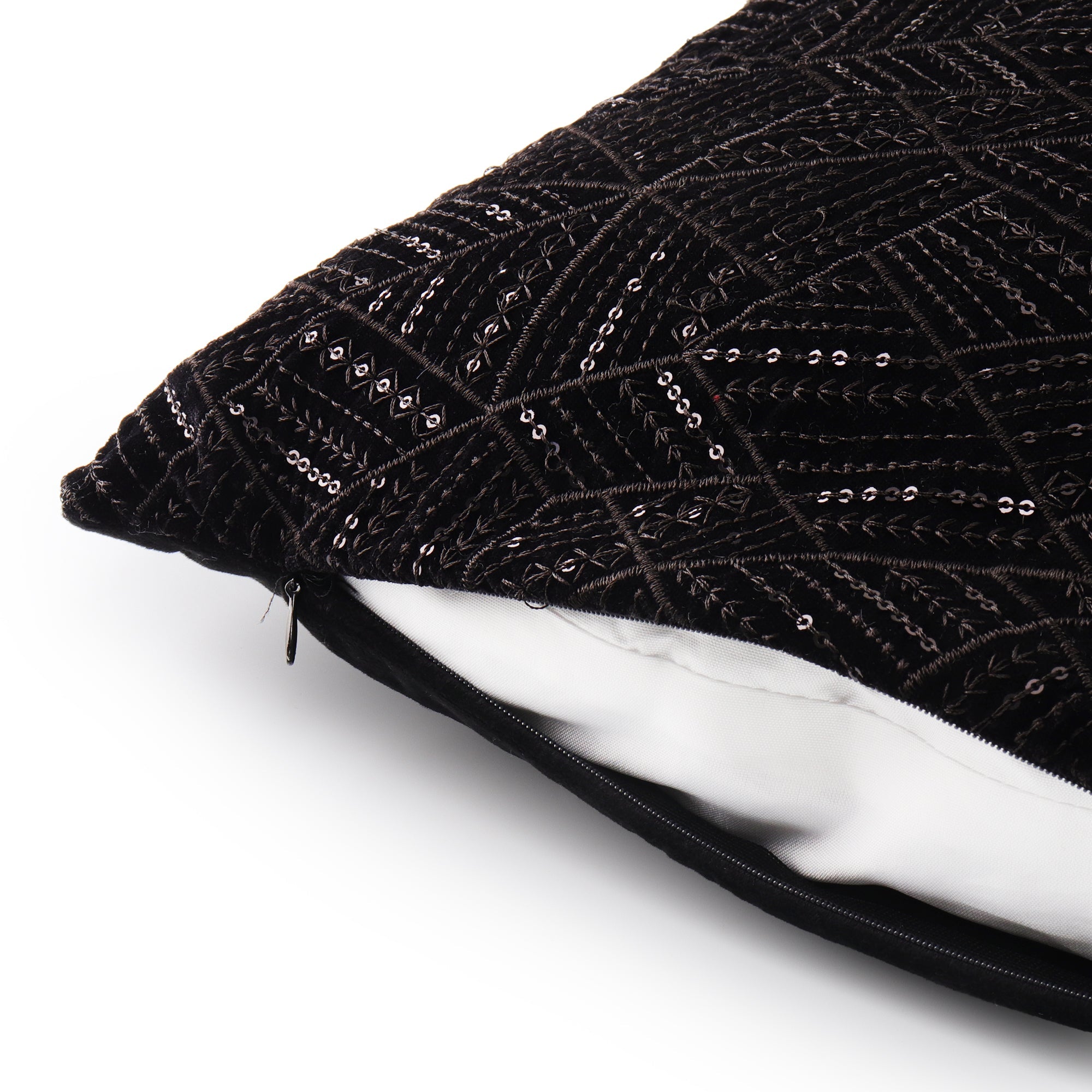 Modern black festive velvet cushion cover with premium embroidered detailing
