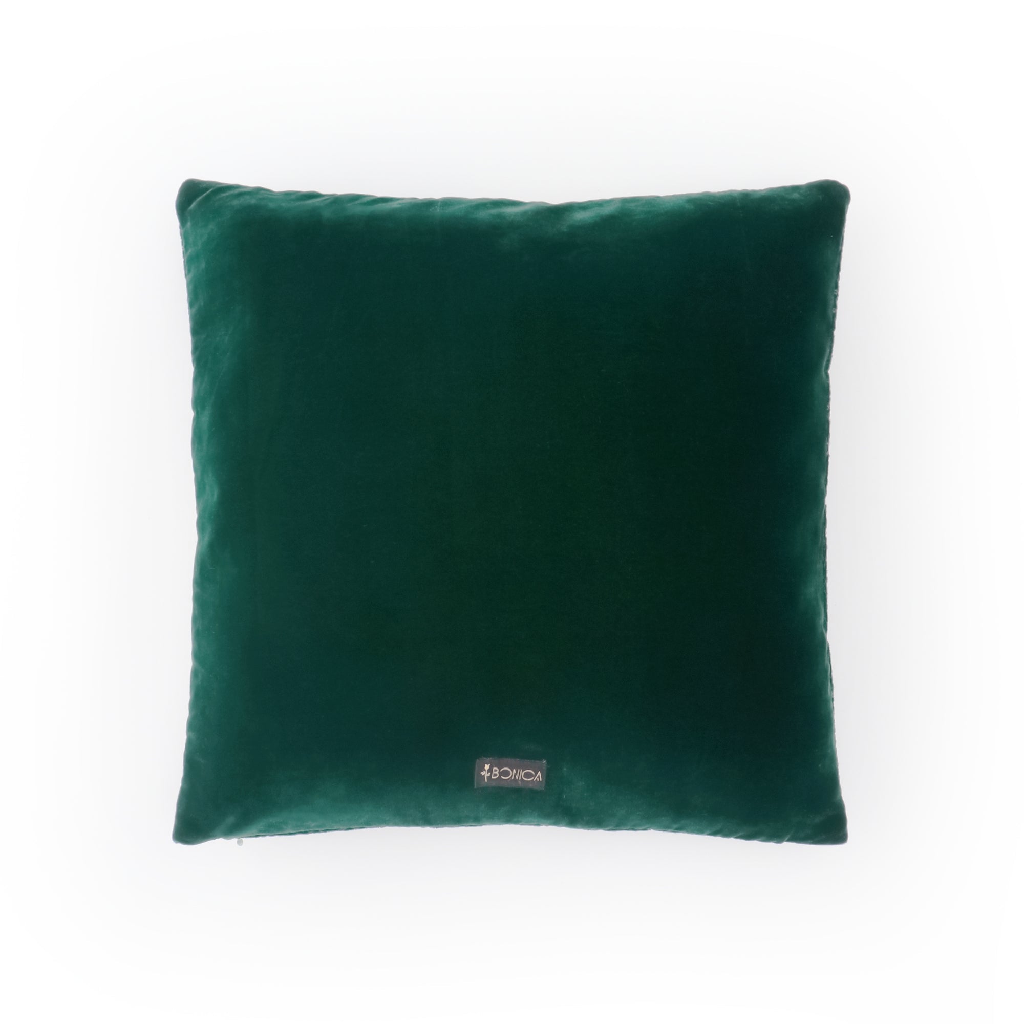 Modern bottle green festive velvet cushion cover with embroidered detailing