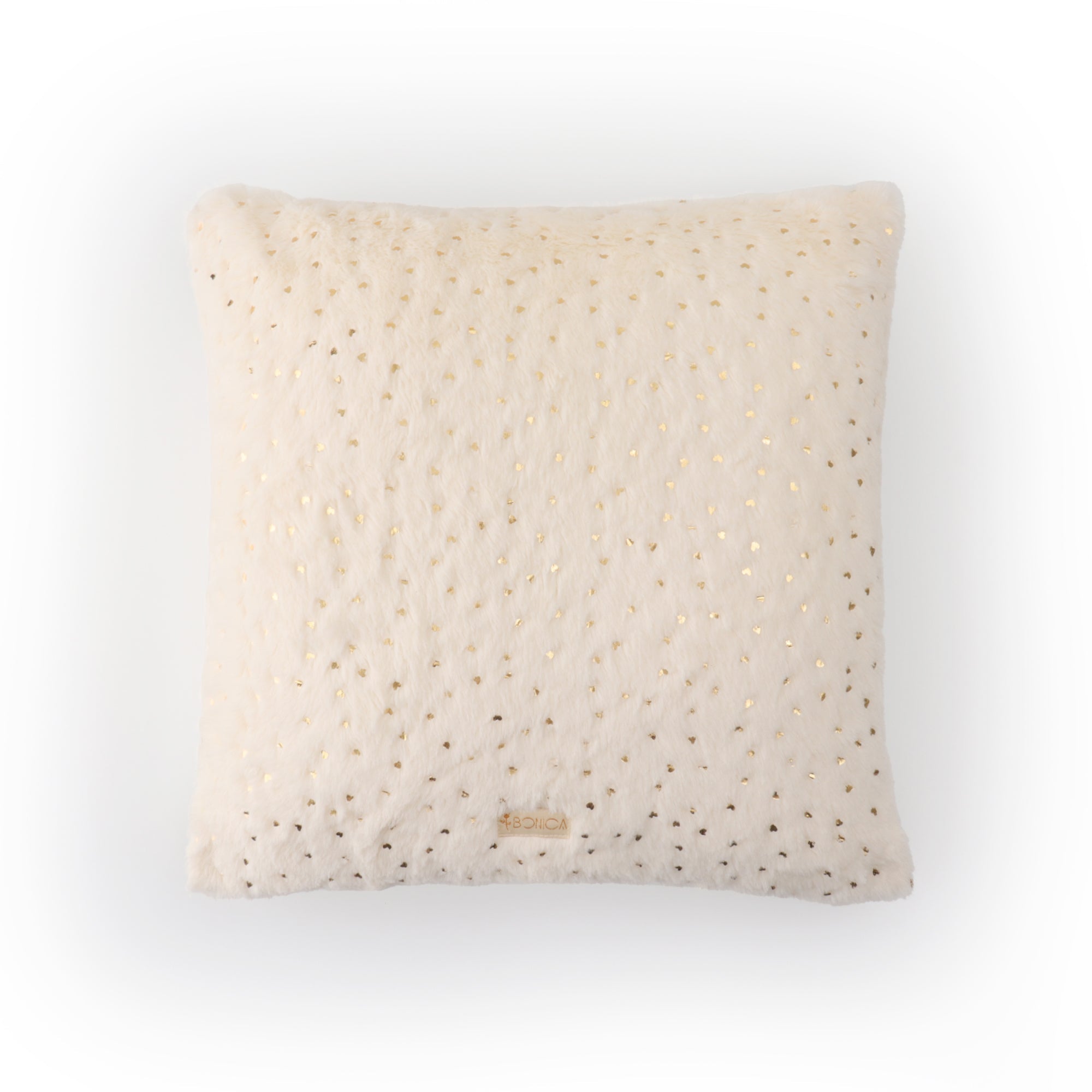 Modern ivory faux fur cushion cover with elegant heart accents
