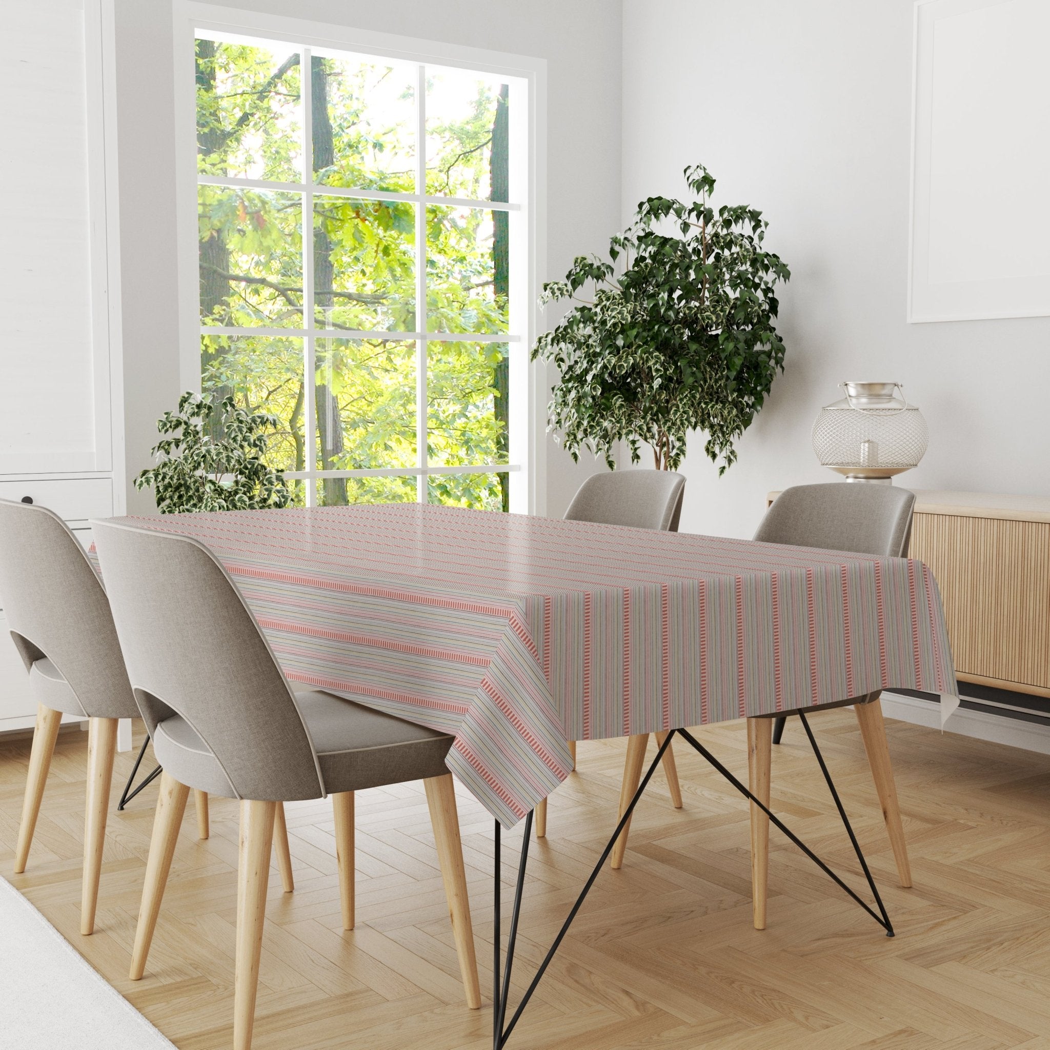 Modern striped table cover styled in a contemporary dining room setting