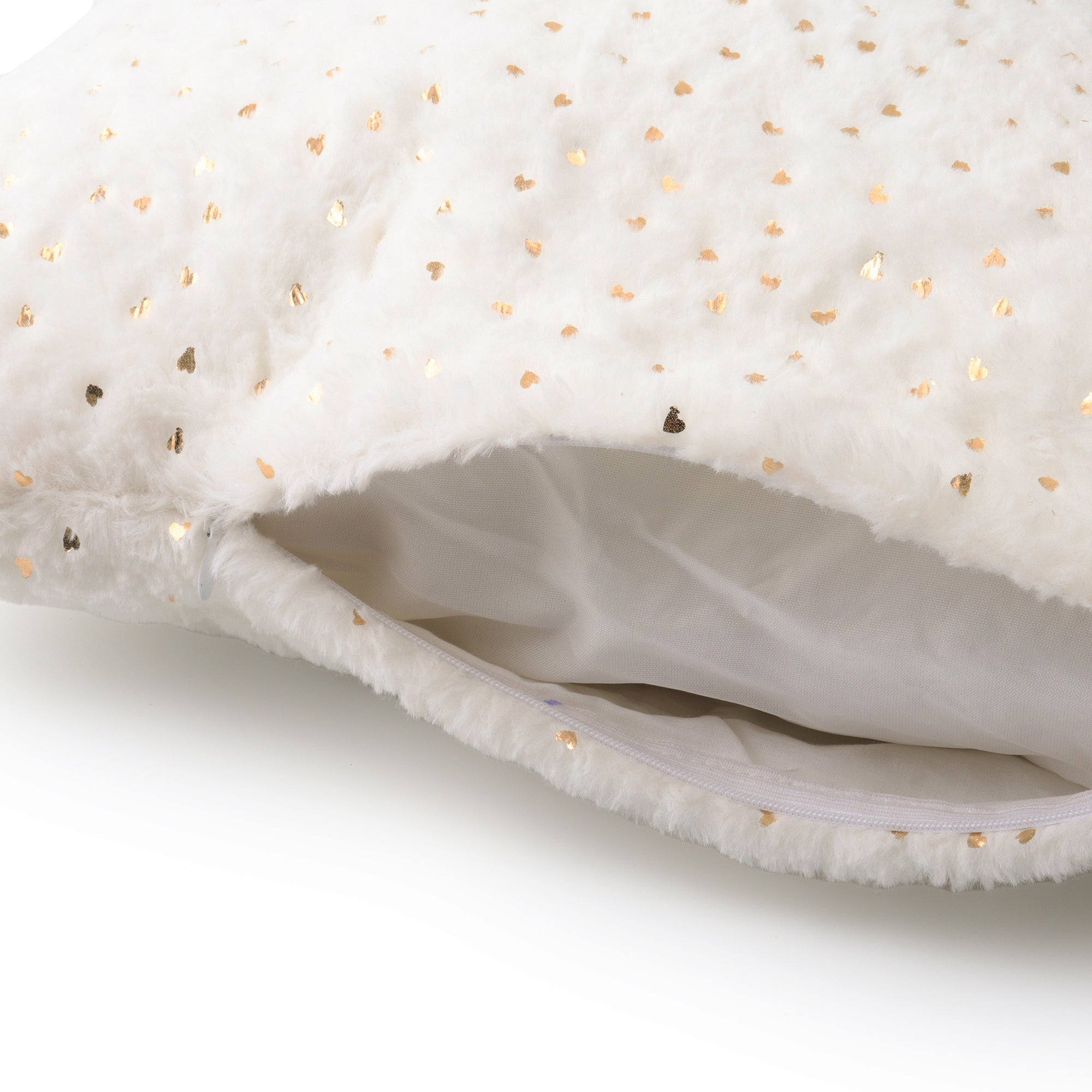 Modern white faux fur cushion cover with stylish heart detailing