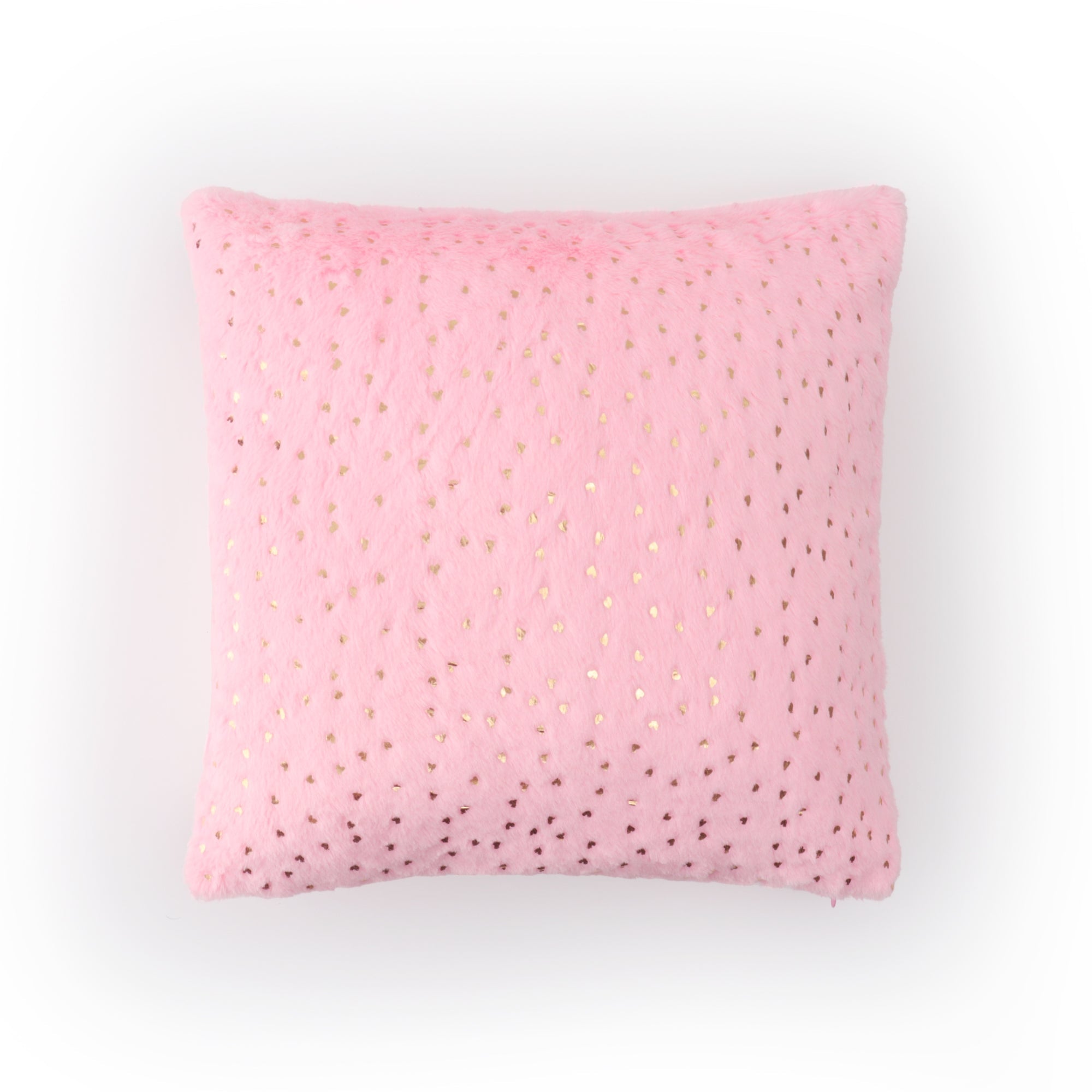 Pink faux fur cushion cover with elegant gold heart accents for cozy interiors