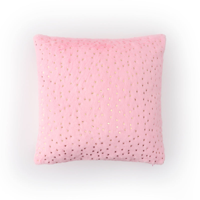 Pink faux fur cushion cover with elegant gold heart accents for cozy interiors