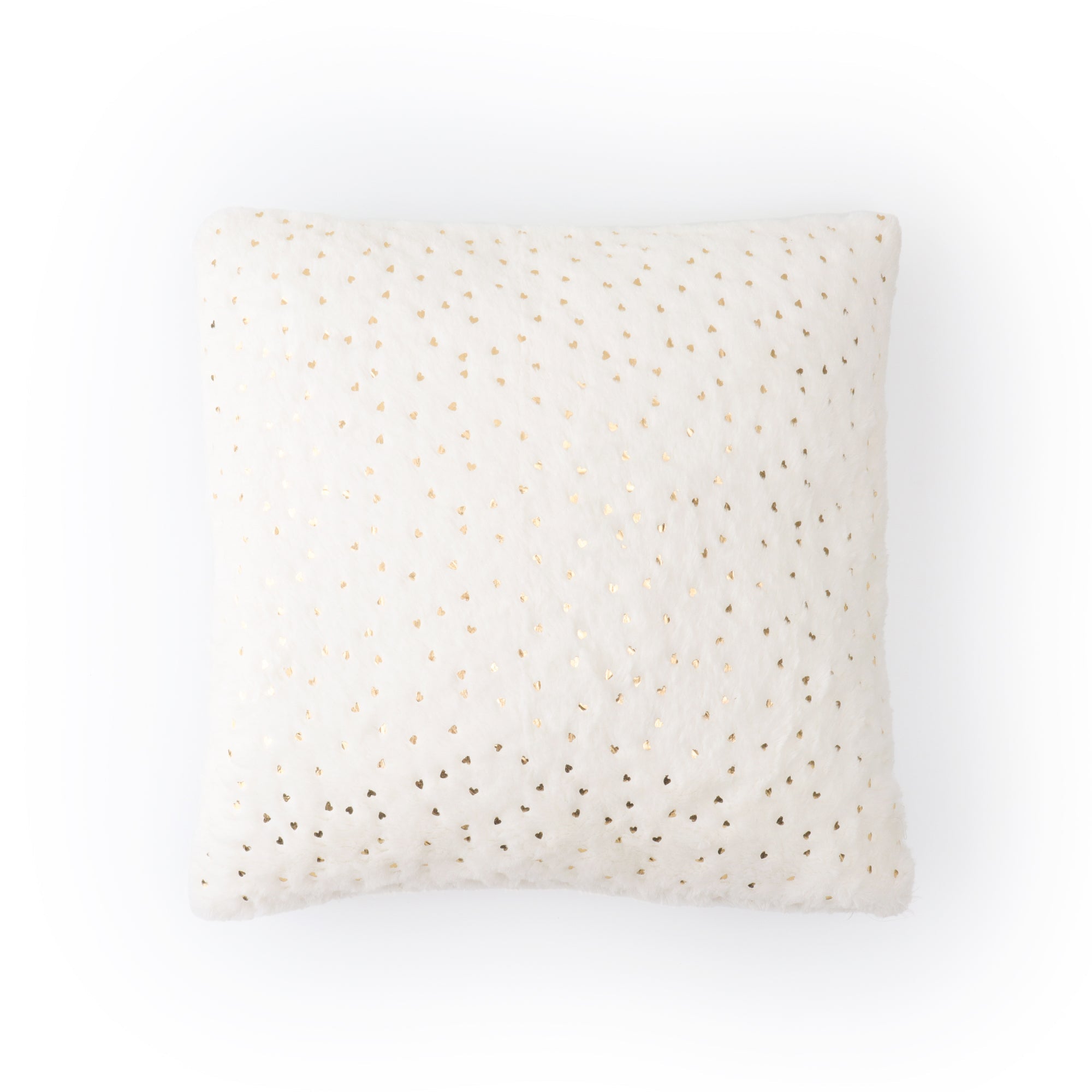 White faux fur cushion cover with elegant gold heart accents for modern homes