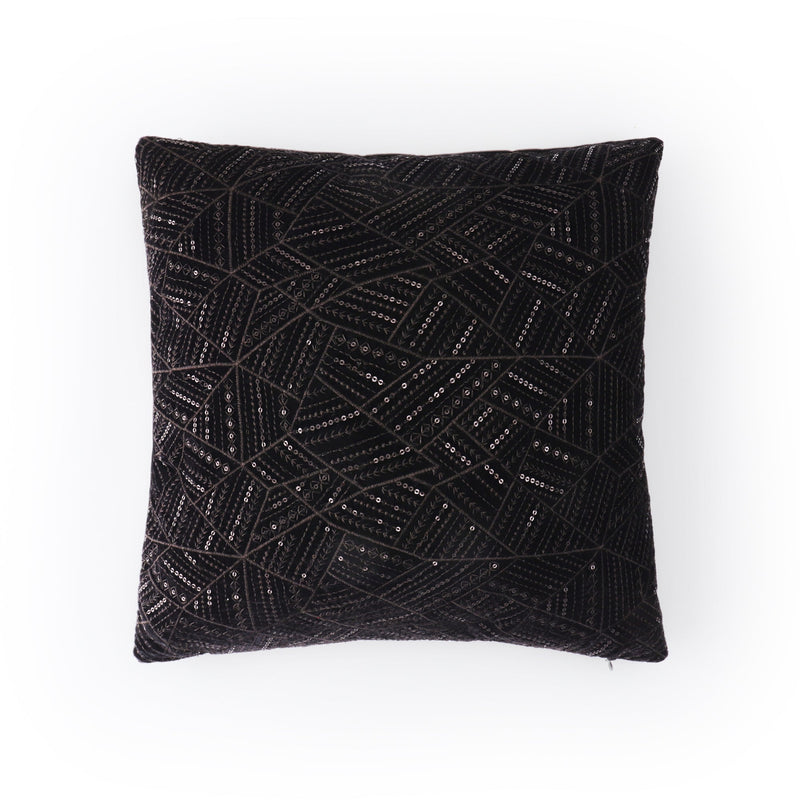 Black festive velvet cushion cover with elegant embroidery and sequined accents