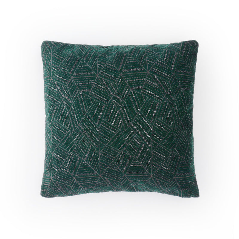 Bottle green festive velvet cushion cover with elegant embroidery and sequined detailing