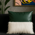 Modern hunter green decorative cushion cover with soft fur and boucle texture