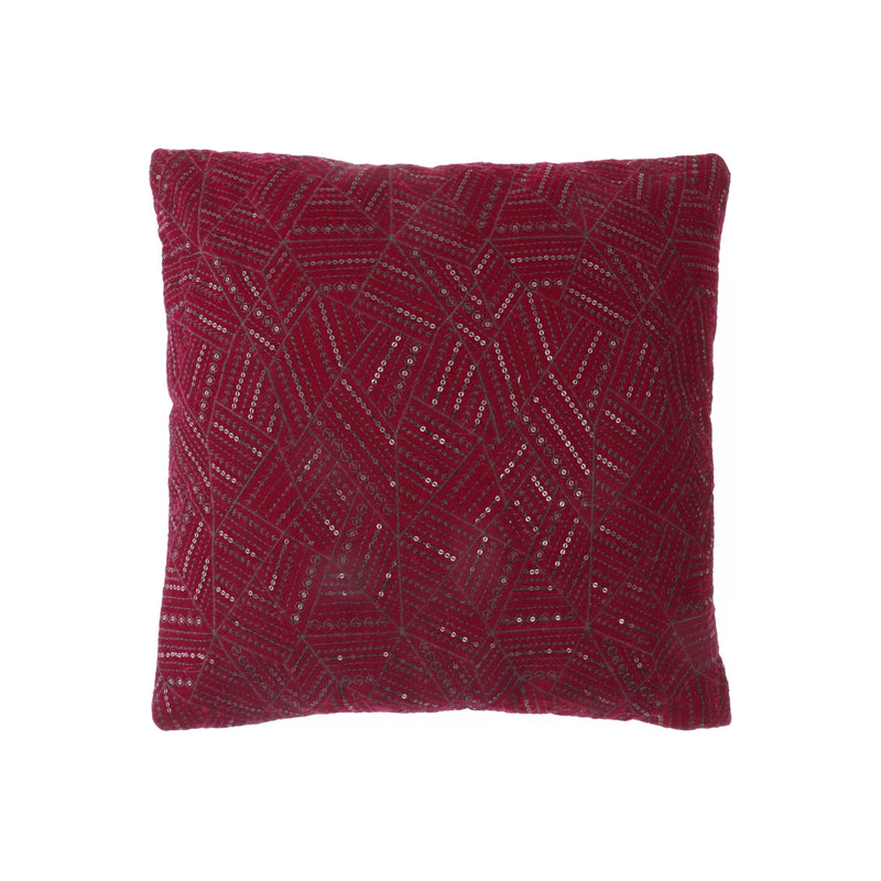 Maroon festive velvet cushion cover with elegant embroidery and sequined detailing