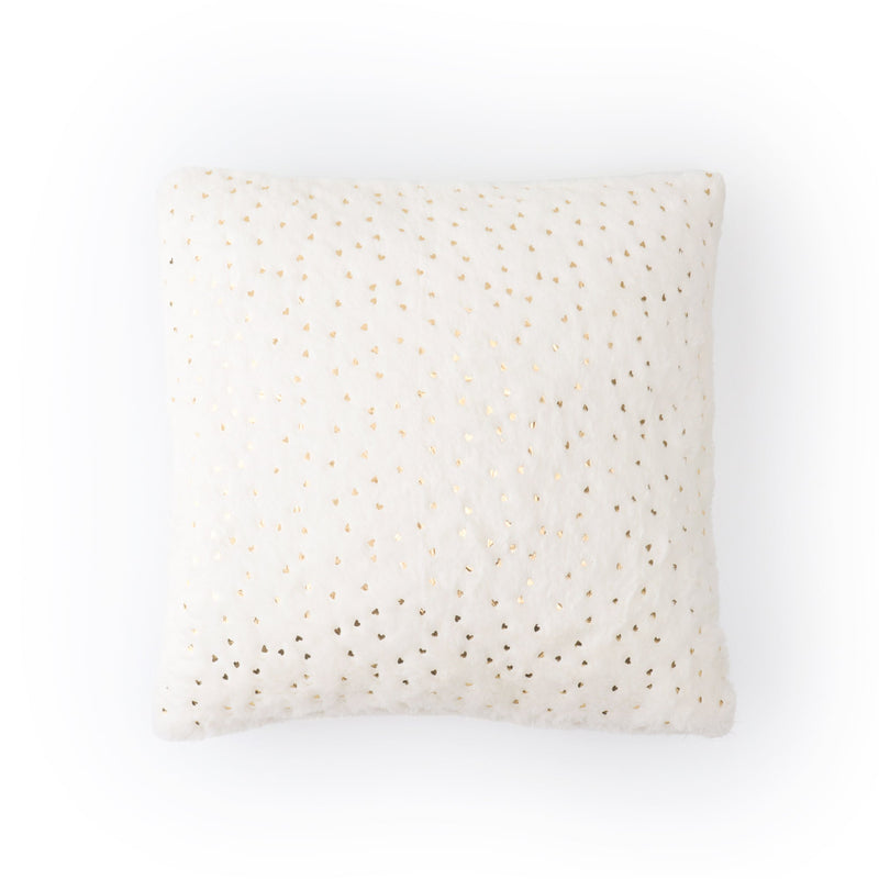 White faux fur cushion cover with elegant gold heart accents for modern homes