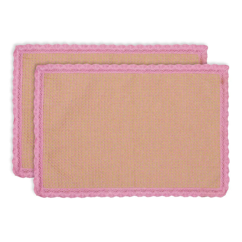 Dusky Rose Waffle Table Placemats with Lace Border (Set of 6) - Bonica
